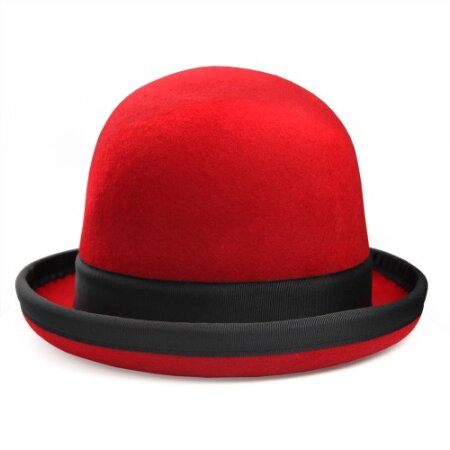 Juggling bowler hat Juggle Dream red hat and black ribbon outside 58