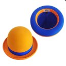 Juggling bowler hat Juggle Dream orange hat and blue ribbon outside 59