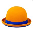 Juggling bowler hat Juggle Dream orange hat and blue ribbon outside 56