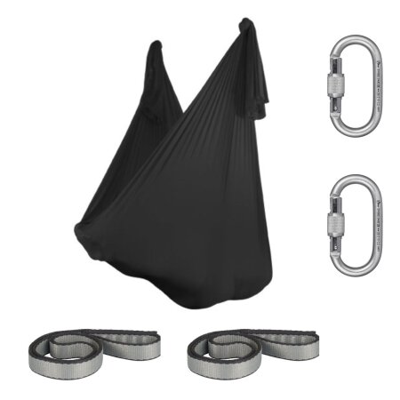 Aerial Yoga Tuch SchenkSpass Set (2 O-Slings + 2 Karabiner + Tuch 600 cm x 280) Schwarz