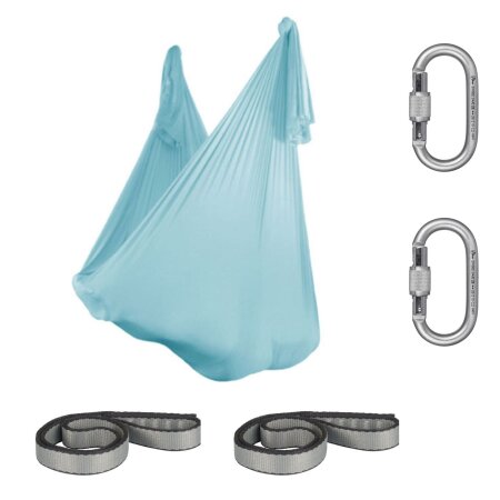 Aerial Yoga Tuch SchenkSpass Set (2 O-Slings + 2 Karabiner + Tuch 600 cm x 280) Hellblau