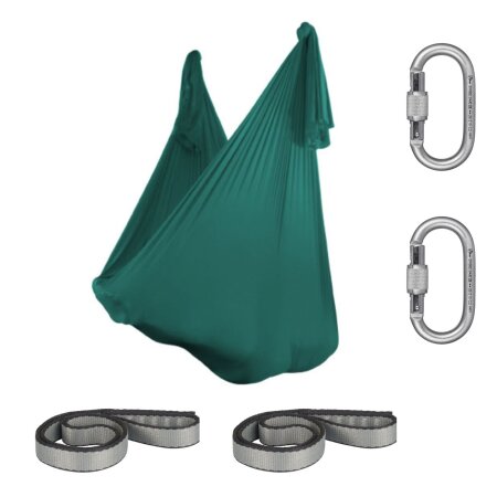 Aerial Yoga Silk SchenkSpass Set (2 O-Slings + 2 Carabiners + Silk 600 cm x 280 cm) Petrol