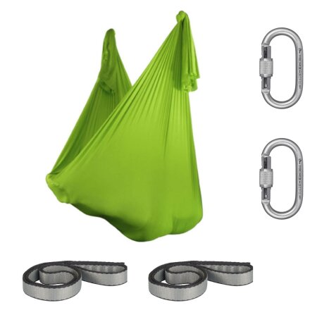 Aerial Yoga Tuch SchenkSpass Set (2 O-Slings + 2 Karabiner + Tuch 600 cm x 280) Neongrün (UV)