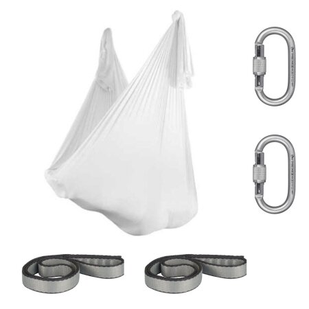 Aerial Yoga Silk SchenkSpass Set (2 O-Slings + 2 Carabiners + Silk 380 cm x 280) Weiß