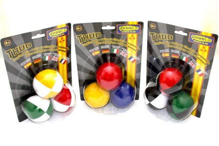 3-er Set Jonglierball Thud 120 Gramm, 65 mm schwarz/rot, schwarz/grün,schwarz/gelb